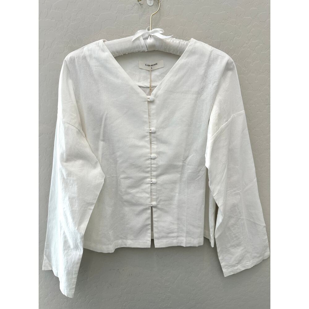 COMMENSE White Cotton Button Front Blouse Ruffle Back Long Sleeve Top NWT Small
